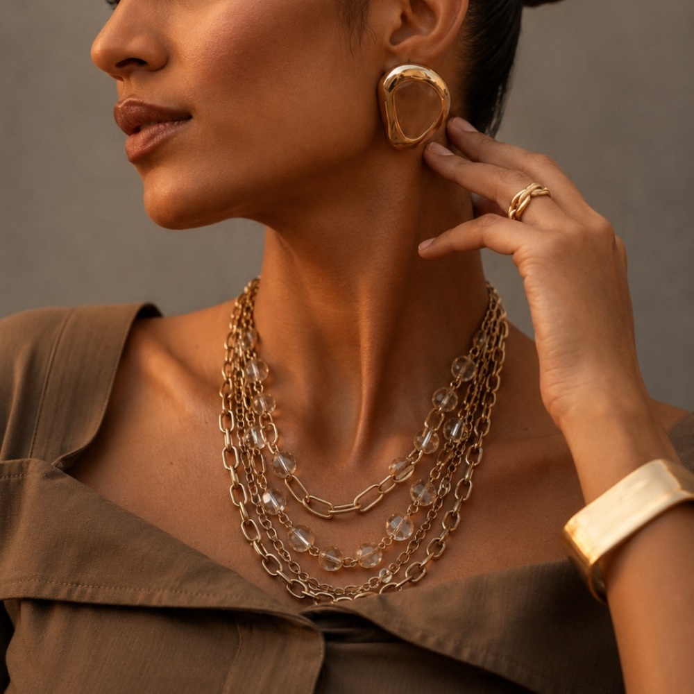 Multi-StrandedSilver Crystal Statement Necklace